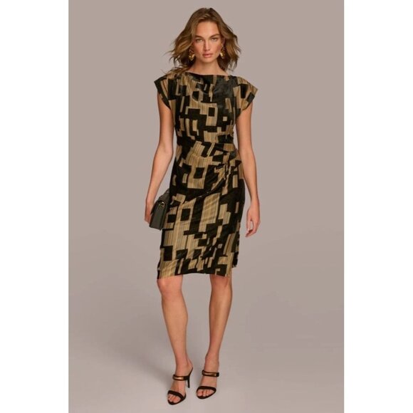 Donnakaran New York Dresses & Skirts - Donnakaran New York Black & Gold Geometric Short Sleeve Midi Dress Size 2
